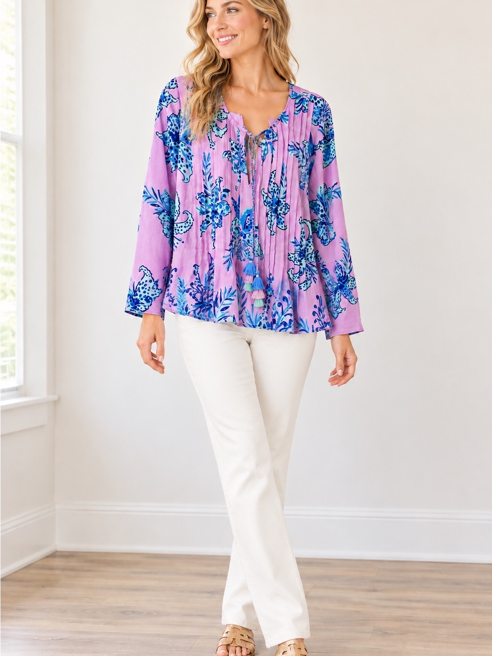 Lilly Pulitzer Pink and Blue Leaf Print Blouse